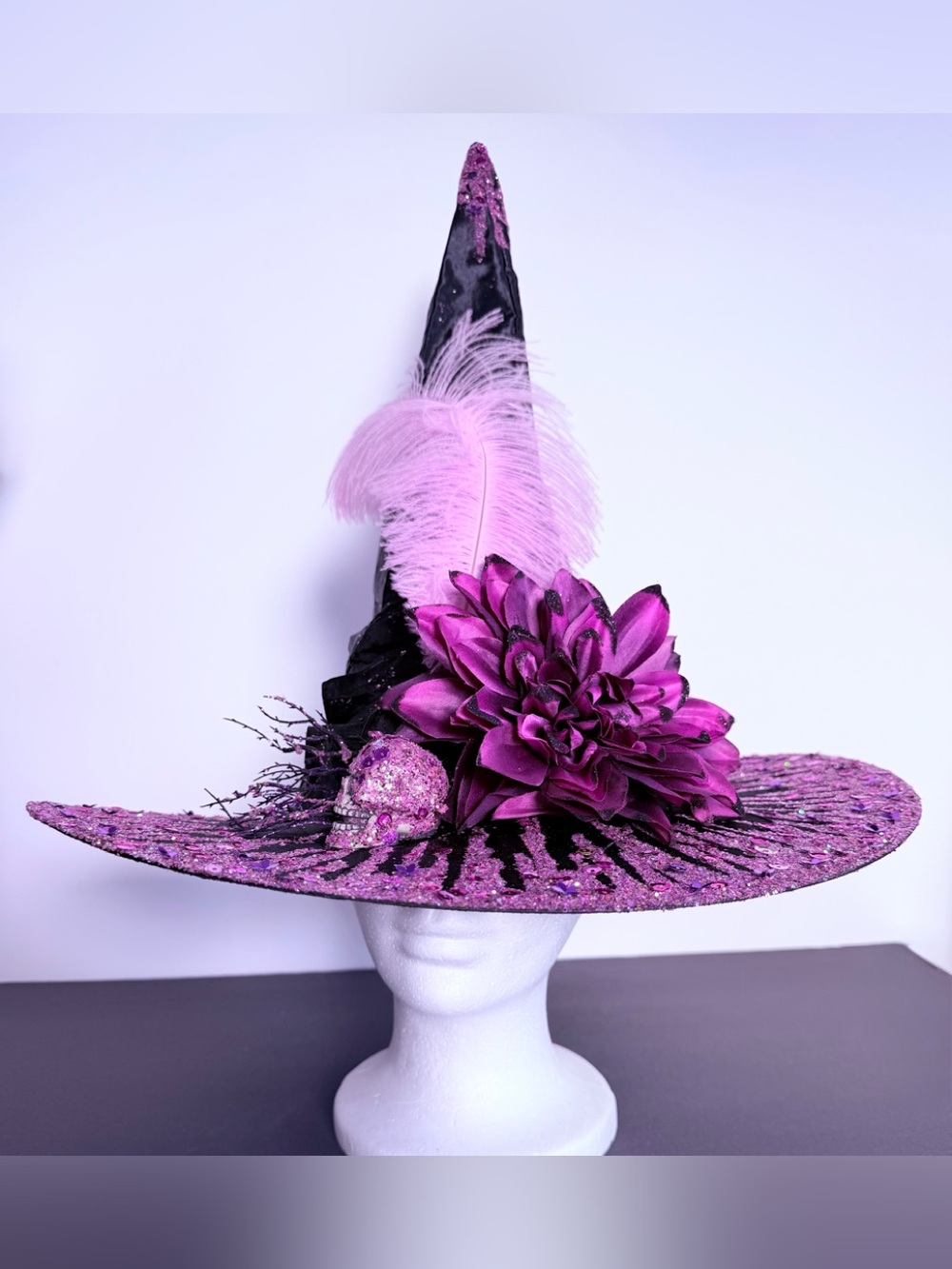 Pink ostrich Feathered Witch Hat with Floral Accent
And sparkles one size adult